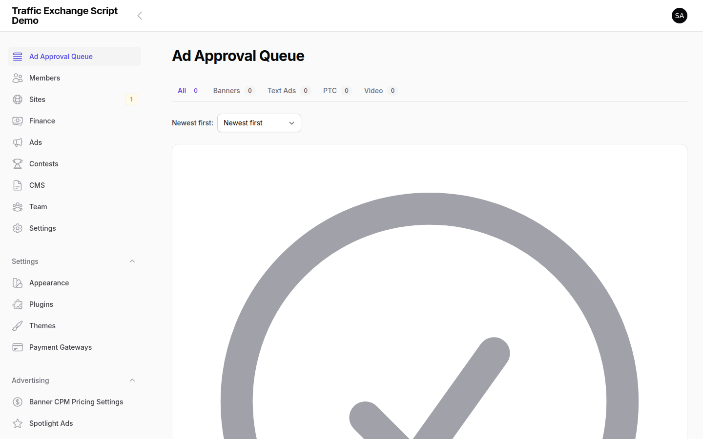 Traffic Exchange Script admin panel — ad approval queue showing pending ads for review