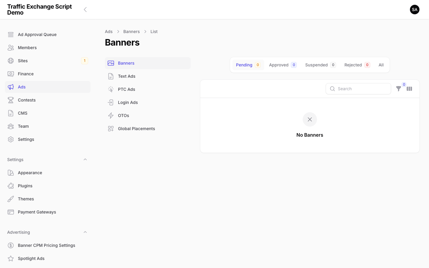 Traffic Exchange Script banner ad management panel in admin