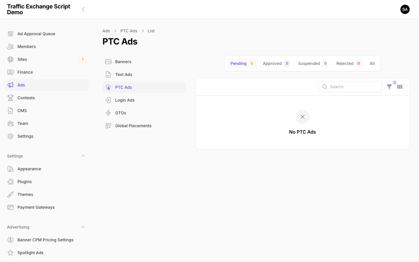 Traffic Exchange Script PTC (paid-to-click) ad management panel