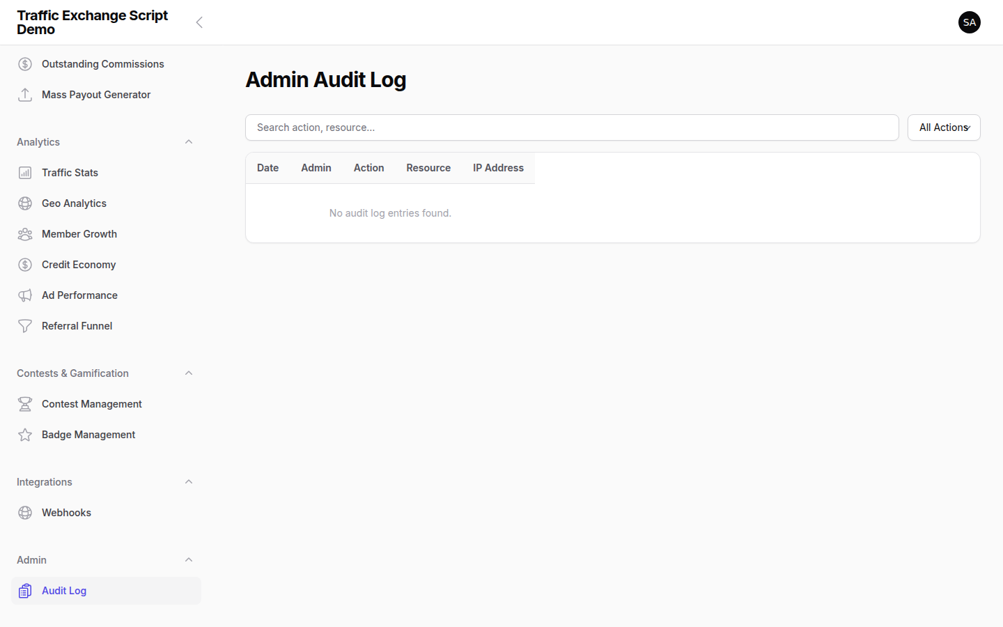 Traffic Exchange Script admin audit log — complete activity history for admin actions