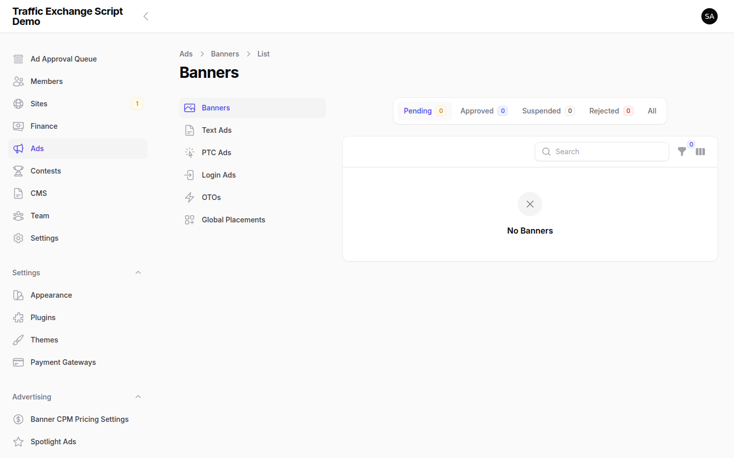 Traffic Exchange Script banner ad management — overview of all banner ad campaigns