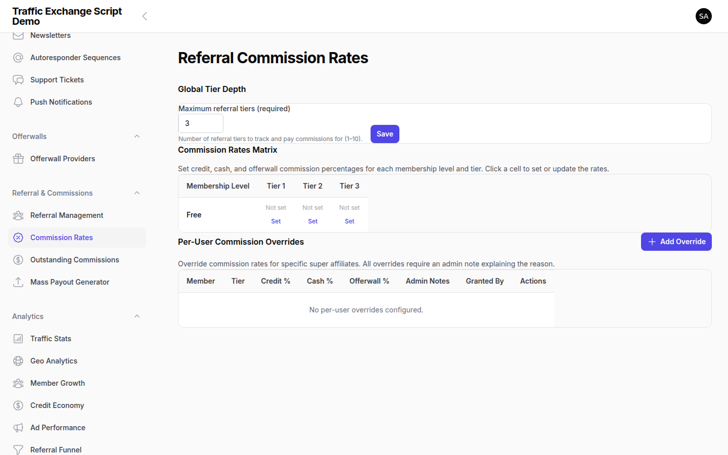 Traffic Exchange Script commission rates management — configure referral commission percentages per membership level