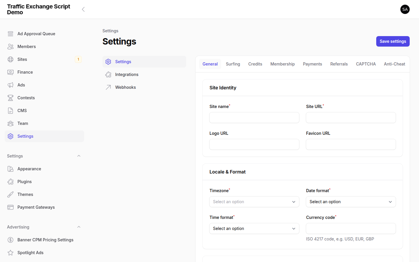 Traffic Exchange Script general settings — site configuration, email, and environment options