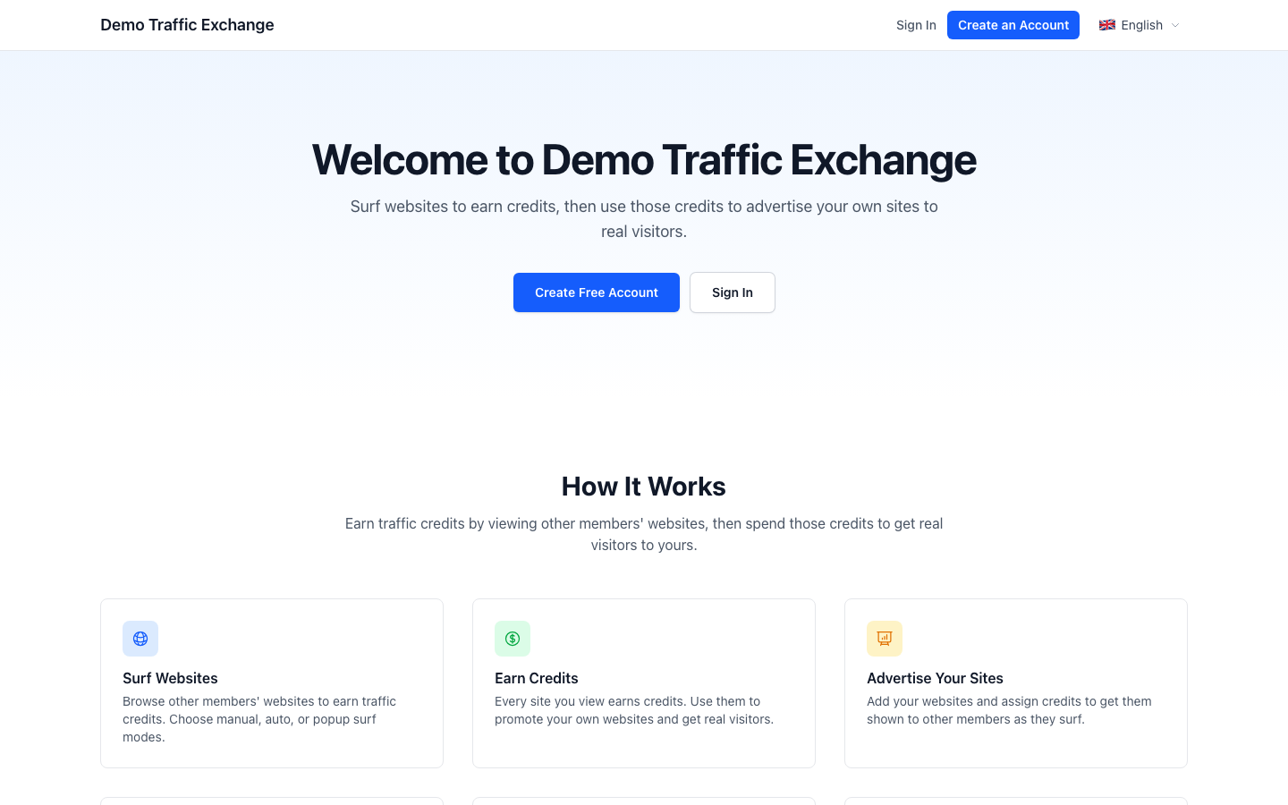 Traffic Exchange Script site homepage after successful installation