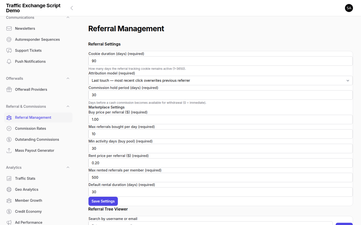 Traffic Exchange Script referral management — downline overview and referral statistics