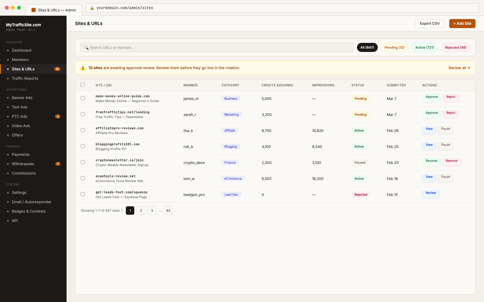 Traffic Exchange Script site manager showing URL review and approval