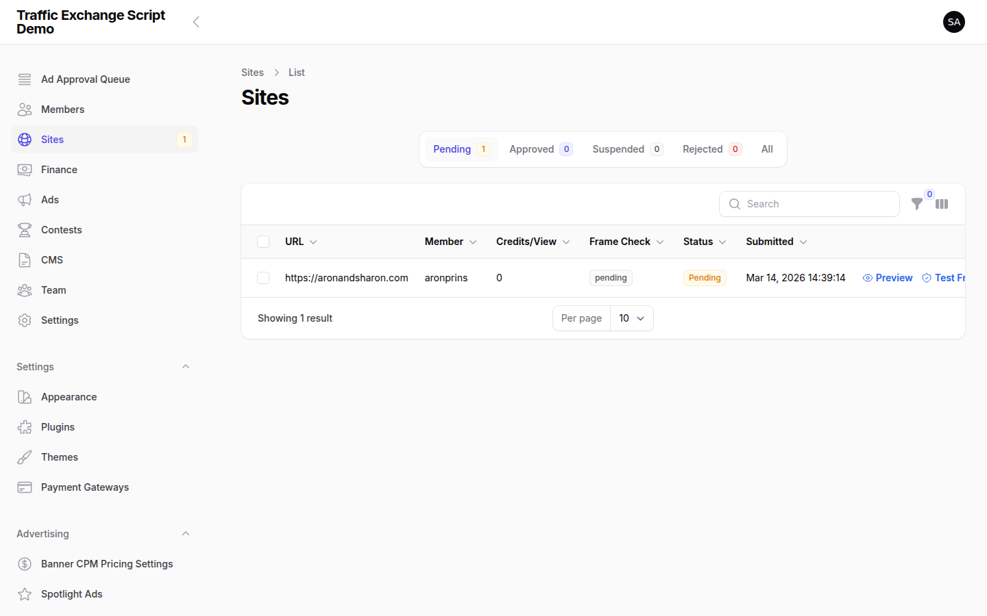 Traffic Exchange Script sites management — websites submitted for the surf rotation