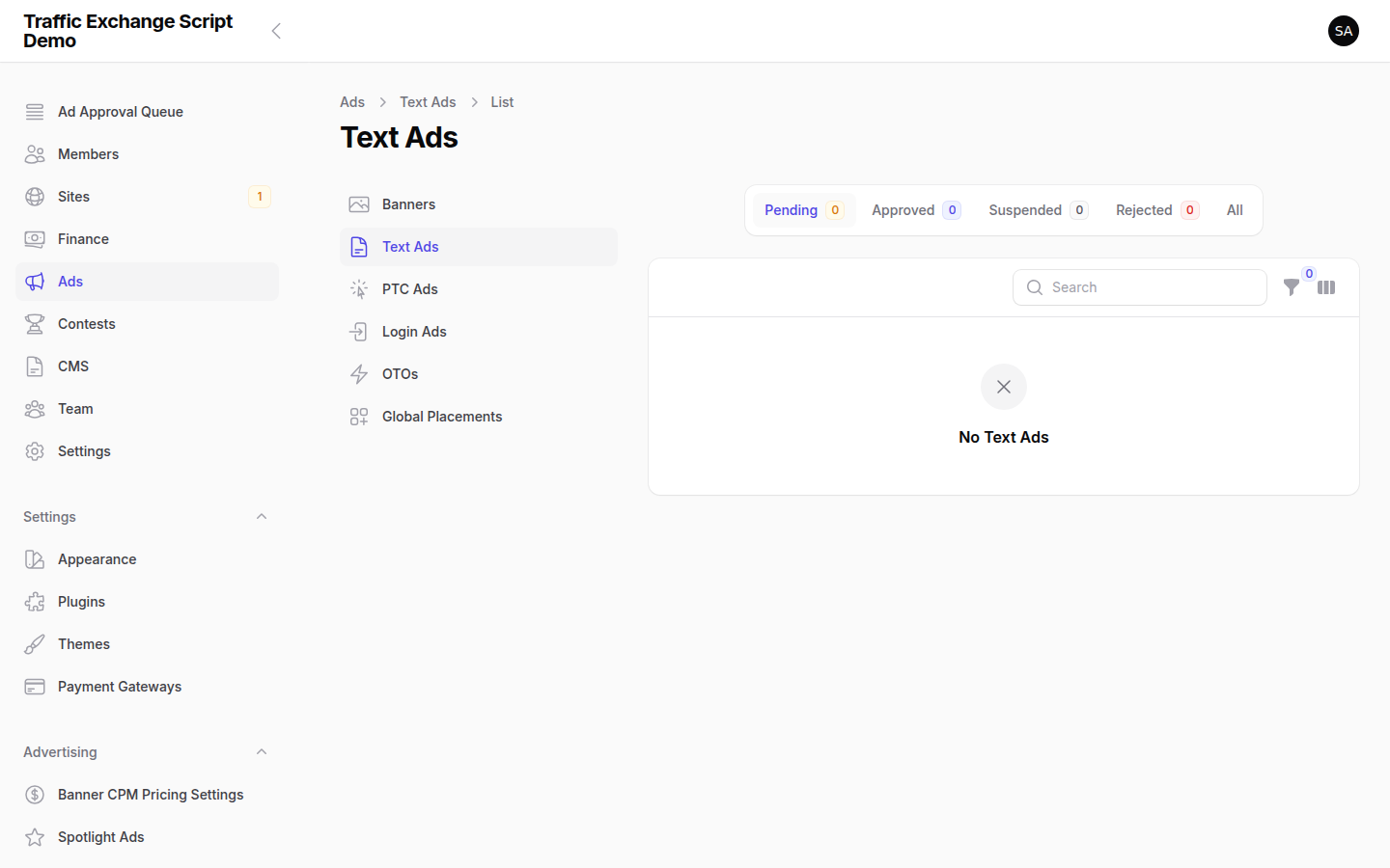 Traffic Exchange Script text ad management — manage text advertisement campaigns