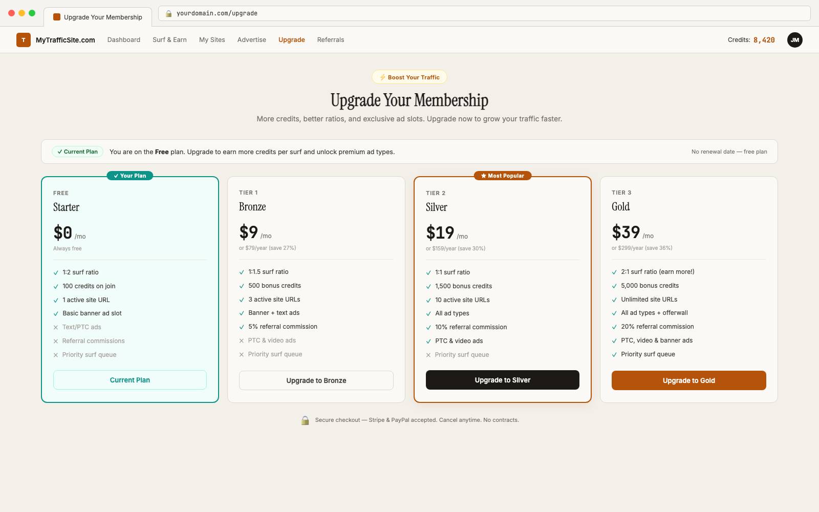 Traffic Exchange Script membership upgrade page with pricing tiers