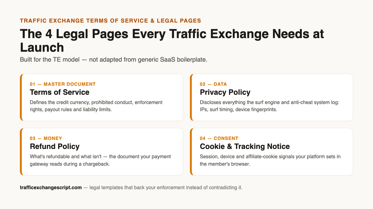 Diagram of the four traffic exchange legal pages: terms of service, privacy policy, refund policy, and cookie and tracking notice